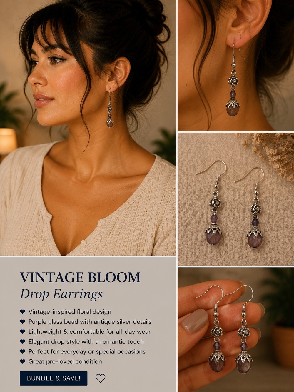 Adrienne Picard Purple Glass Drop Earrings with Antique Silver Floral Accents